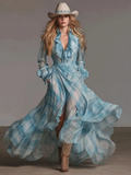 Sheer Plaid Ruffle Trim Belted Western Maxi Dress