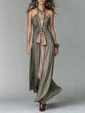 Halter Neck Plunge Gathered Maxi Dress With Contrast Sash
