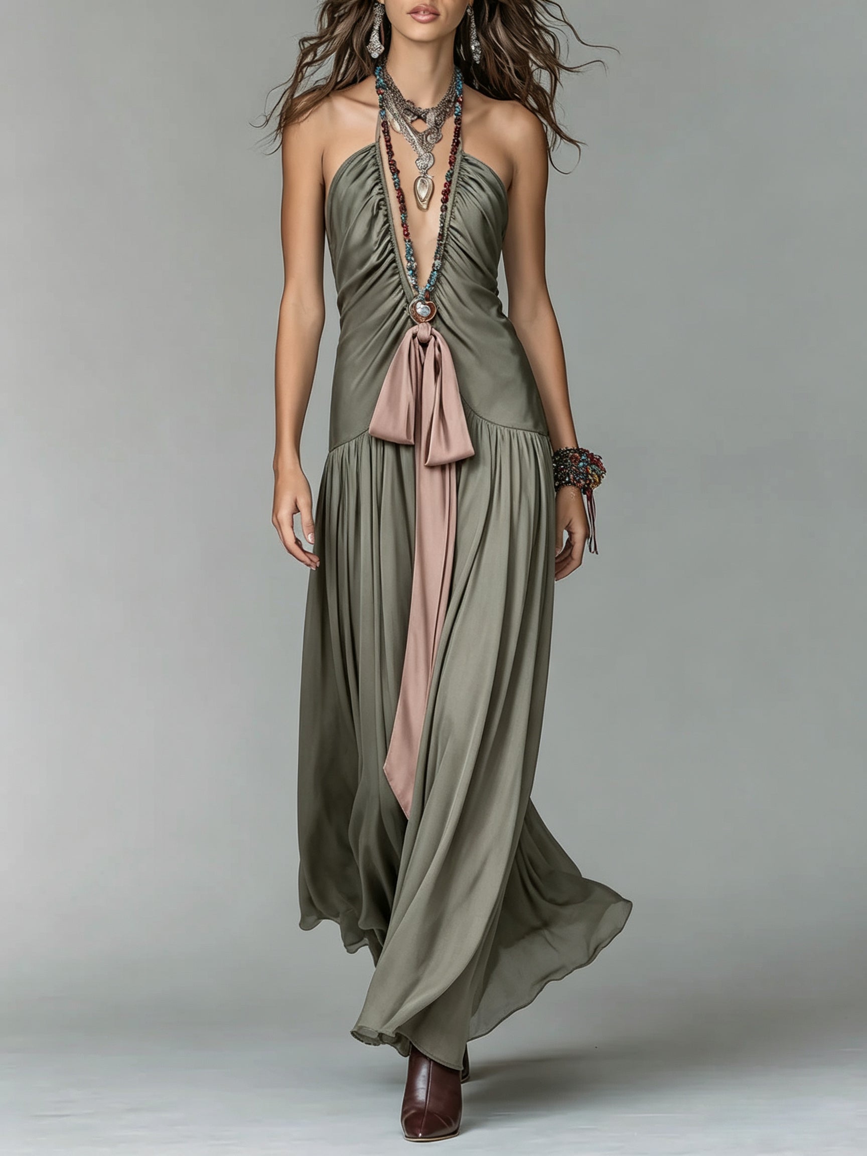 Halter Neck Plunge Gathered Maxi Dress With Contrast Sash