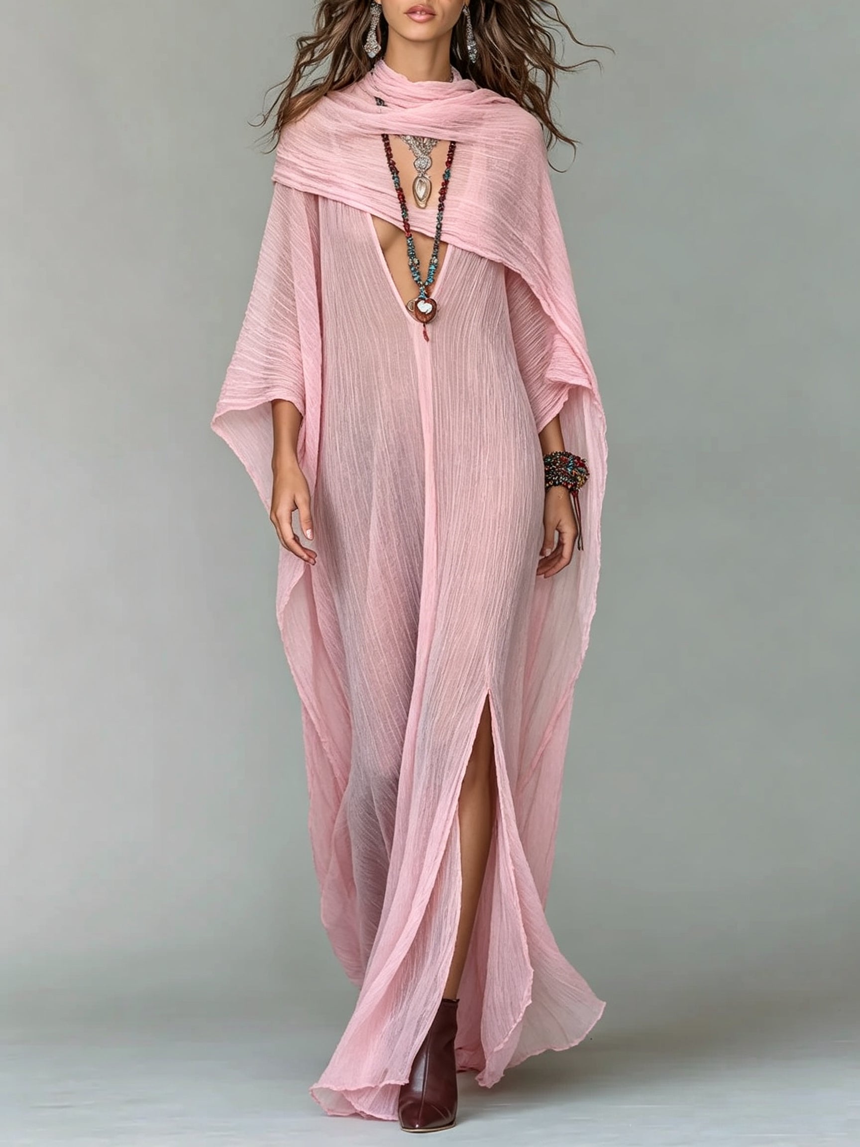 Draped Shawl Collar Plunge Front Kaftan Maxi Dress