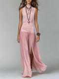High Neck Ruched Waist Pleated Split Maxi Dress