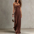 Sheer Lace Spaghetti Strap Bias Cut Maxi Dress