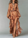 Deep V-Neck Balloon Sleeve Marble Print High-Low Dress