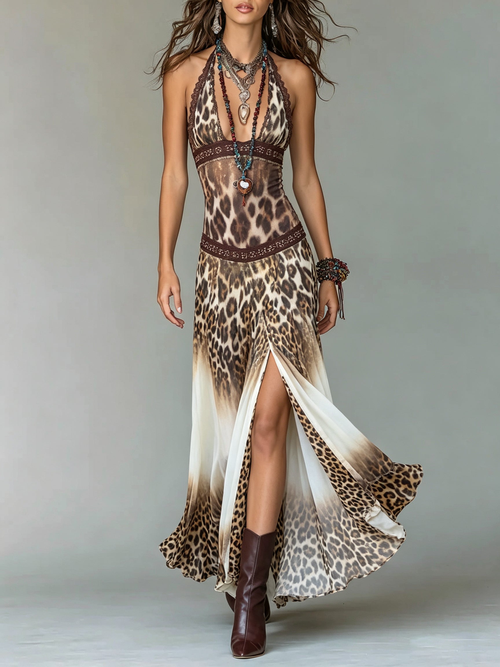 Halter Leopard Print Lace Trim High Slit Maxi Dress