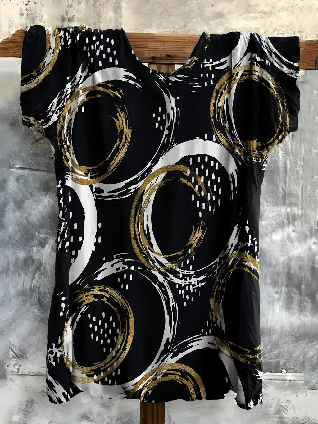 Abstract Gold Circle Print Short Sleeve Tunic Top