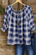 Navy Plaid Tie-Neck 3/4 Sleeve Peasant Top