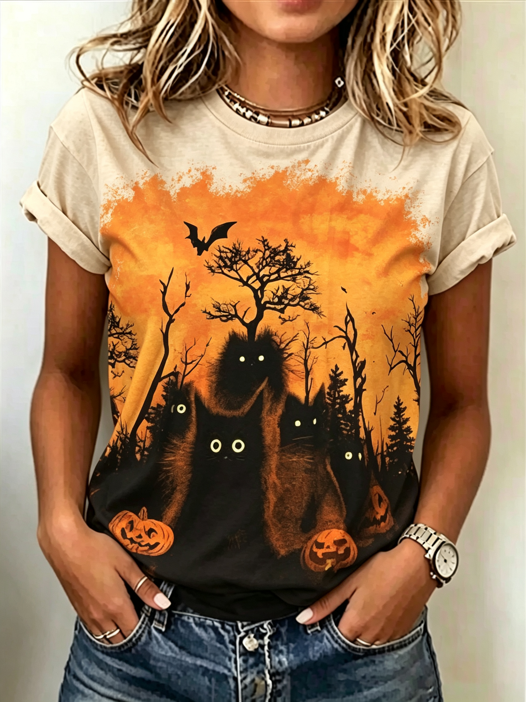 Spooky Black Cat Forest Halloween Graphic Tee