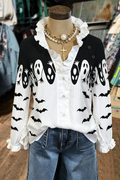 Black White Ghost Bat Ruffle Trim Button-Up Shirt