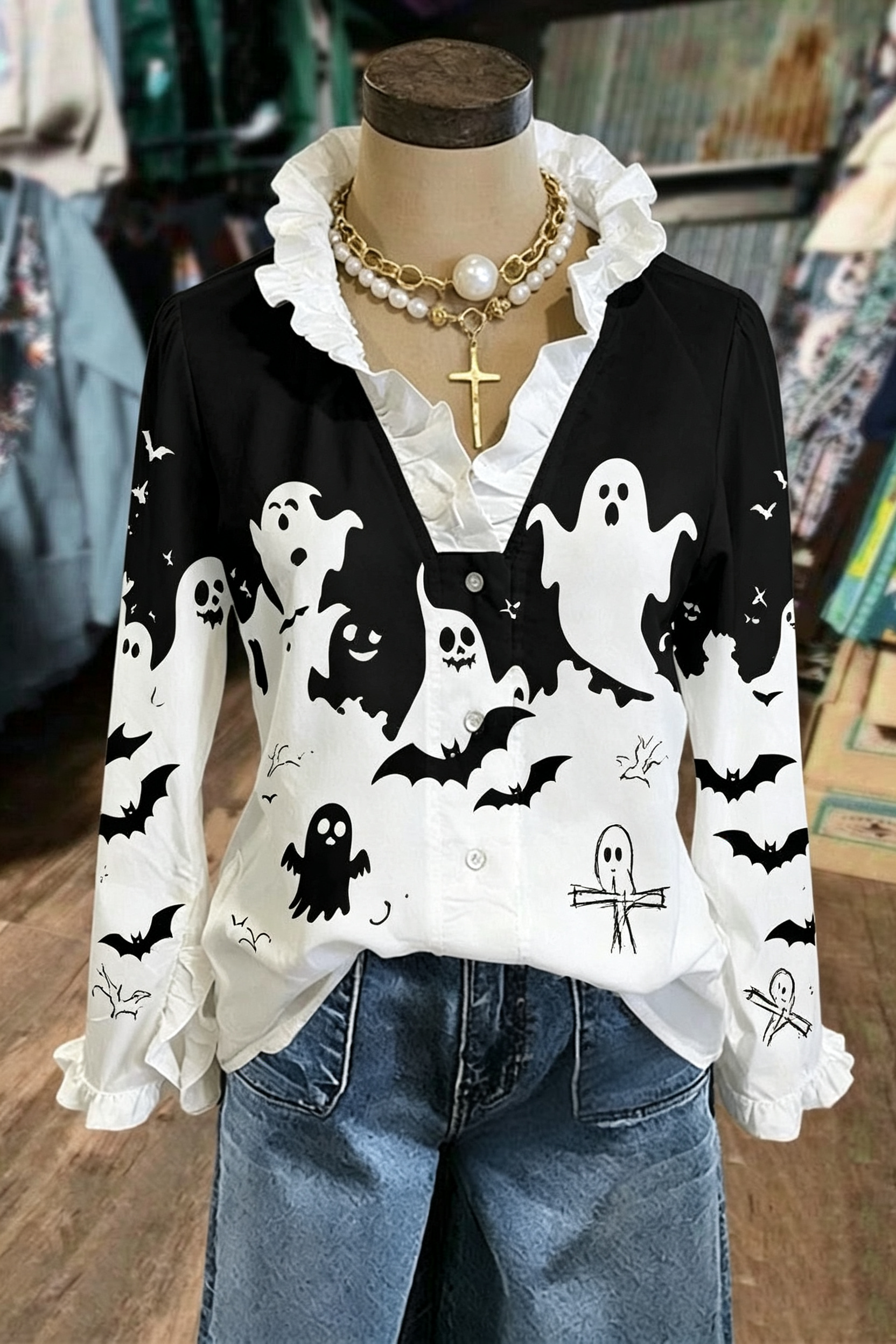 Black White Ghost Scarecrow Ruffle Button-Up Shirt