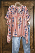 Red Stripe Blue Floral Embroidered Split Neck Top