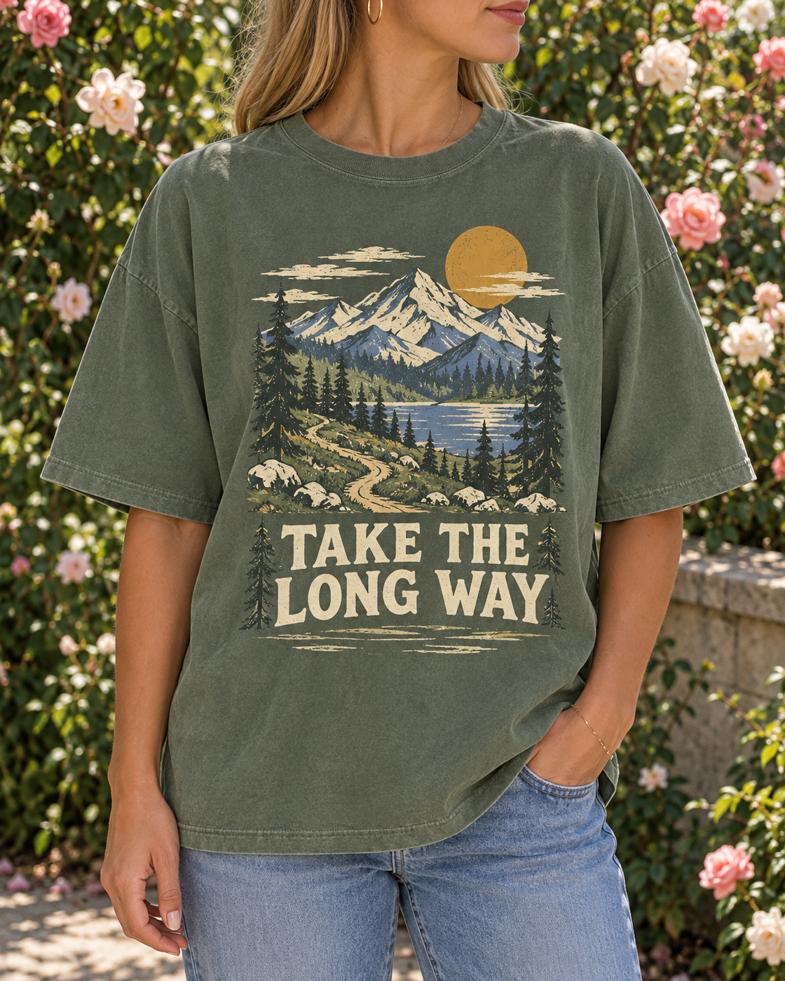 Green Take The Long Way Mountain Graphic Tee