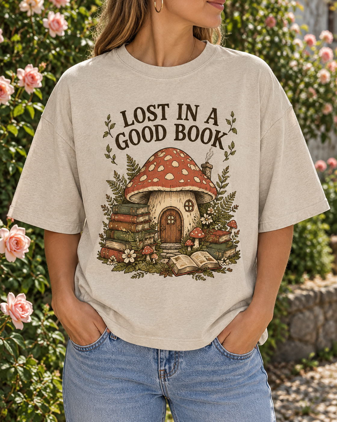 Beige Lost In A Good Book Mushroom Graphic Tee
