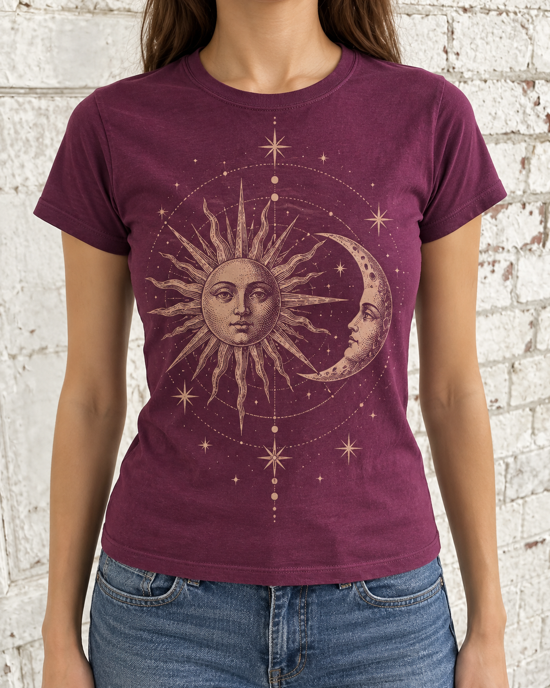Burgundy Sun and Moon Celestial Graphic Tee