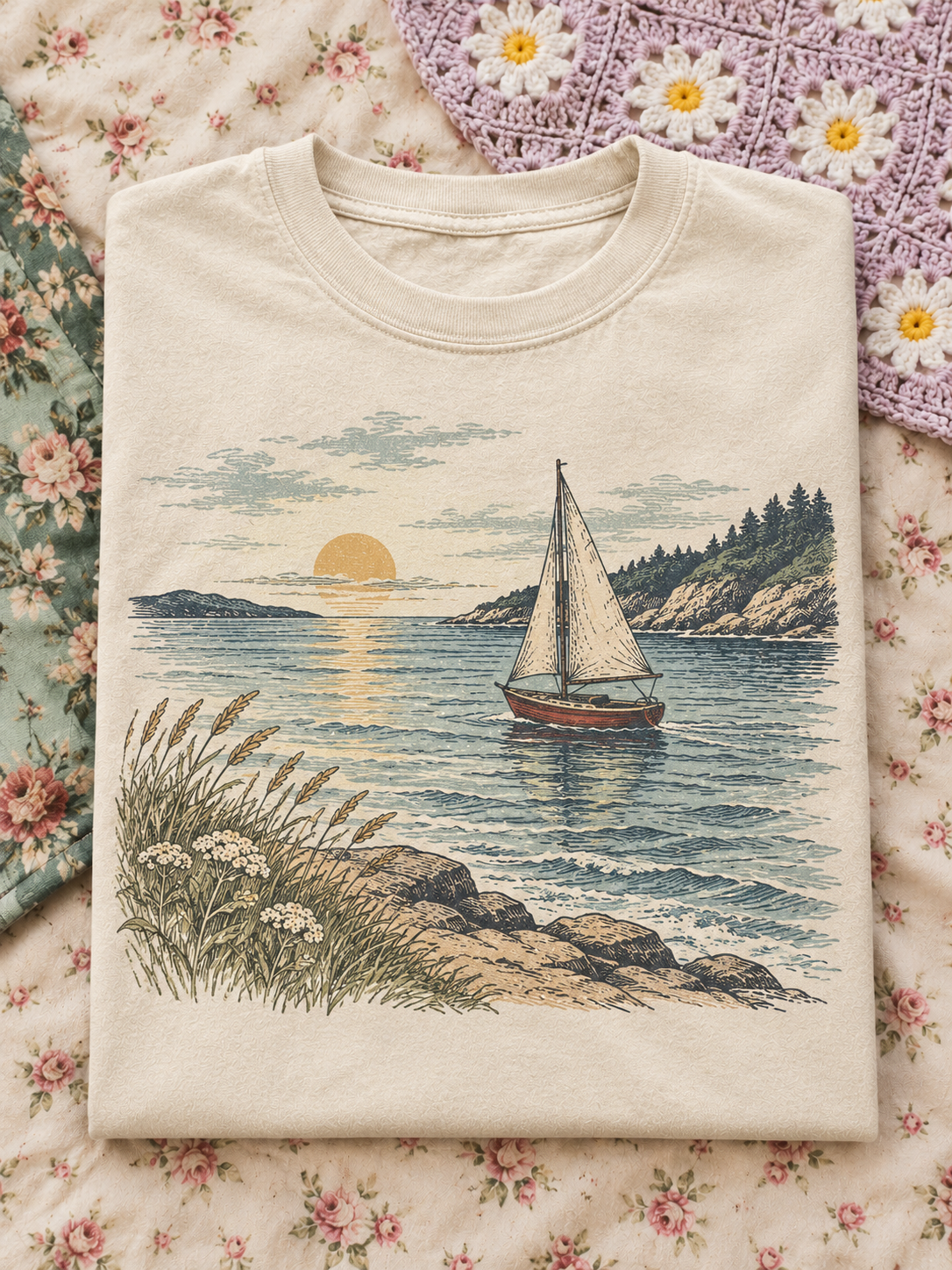 Cream Sailboat Sunset Graphic Tee