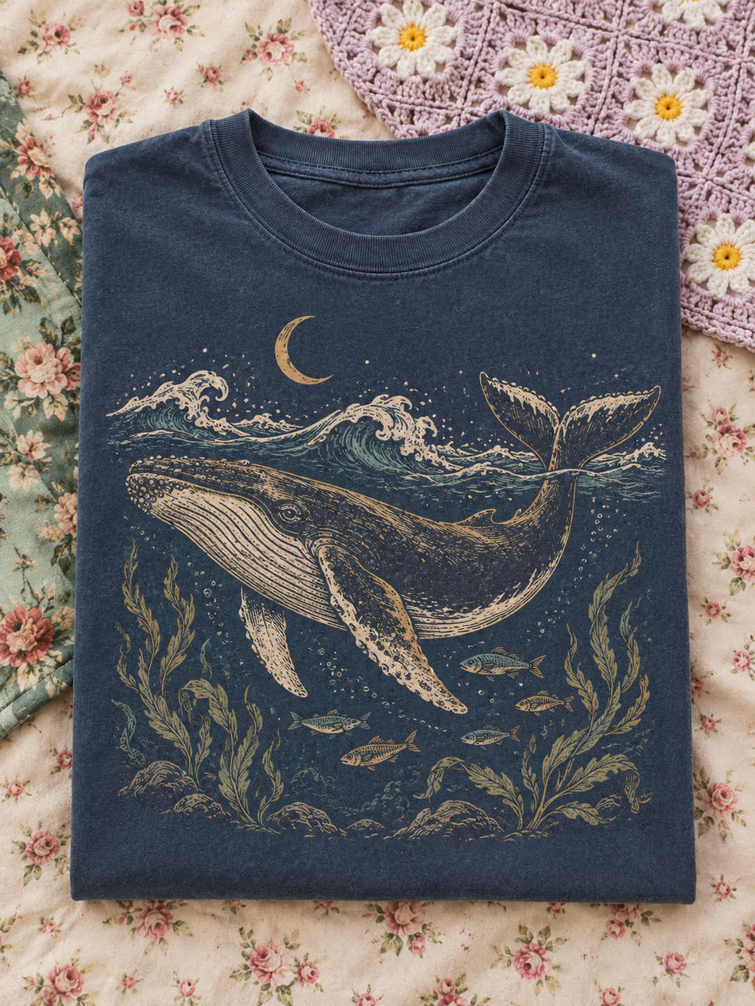 Navy Whale Moon Graphic Tee