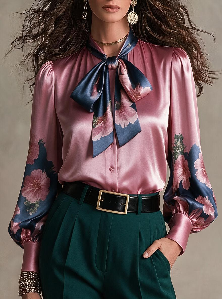 Pink Floral Pussy-Bow Satin Blouse