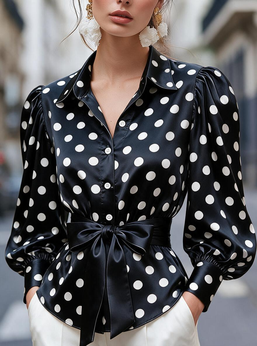 Black Polka Dot Satin Tie-Waist Blouse
