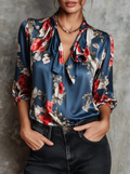 Navy Red Floral Pussy-Bow Satin Blouse