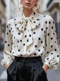 Cream Polka Dot Pussy-Bow Satin Blouse