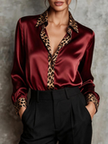 Burgundy Leopard Trim Satin Shirt