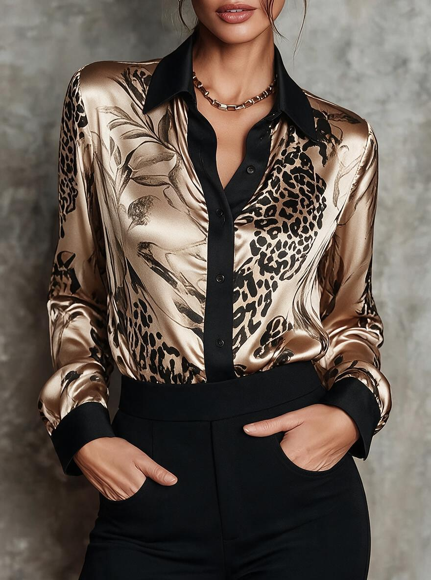 Champagne Leopard Botanical Print Satin Shirt
