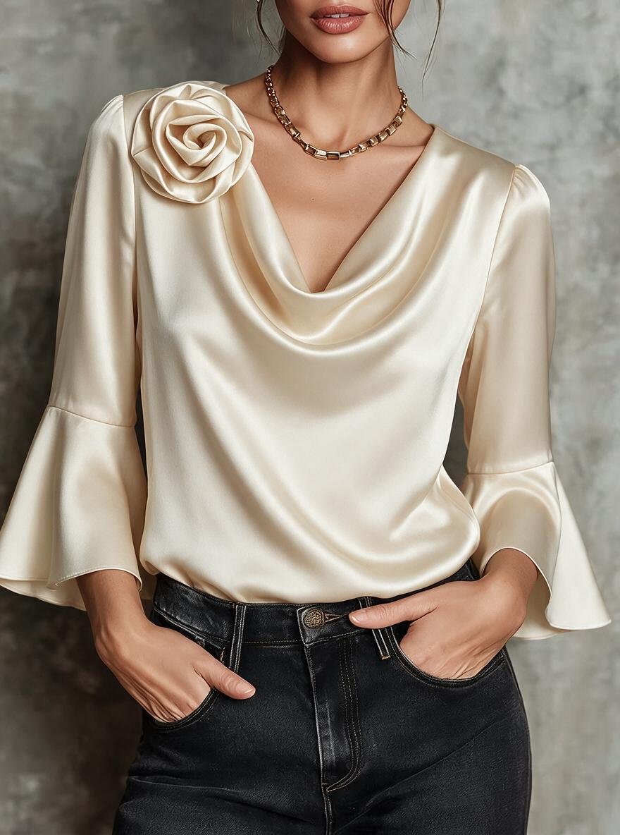 Ivory Satin Cowl Neck Rose Applique Top