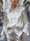 White Silver Beaded Shoulder Satin Shirt