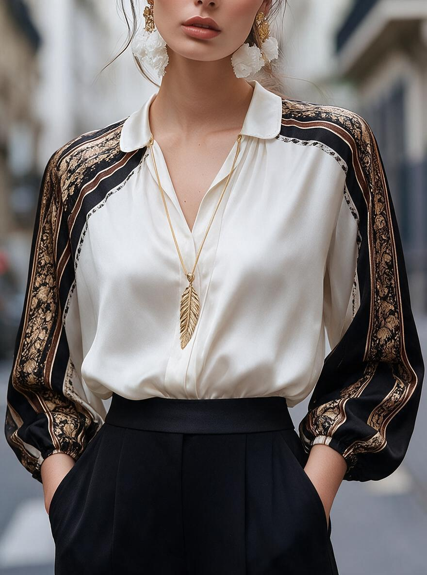 White Black Gold Paisley Raglan Sleeve Blouse