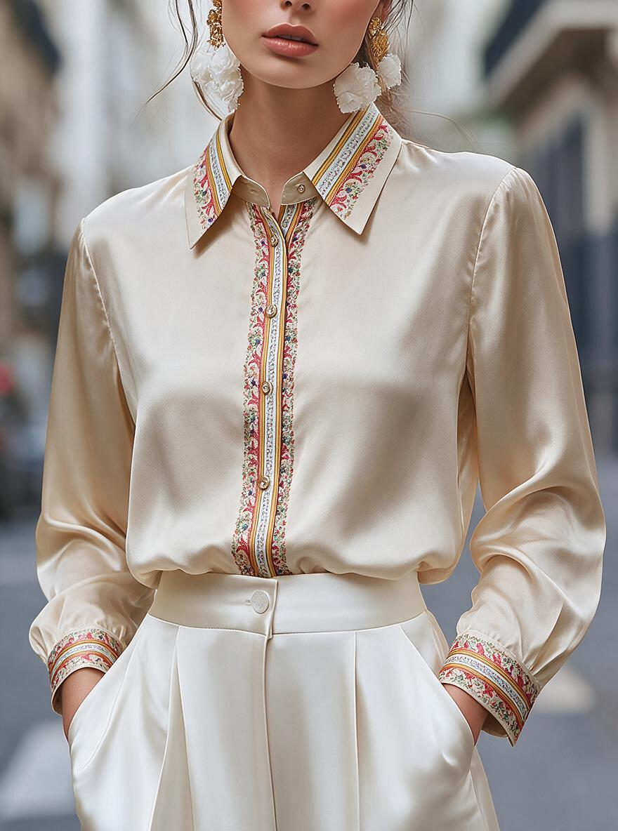 Cream Floral Border Trim Satin Shirt
