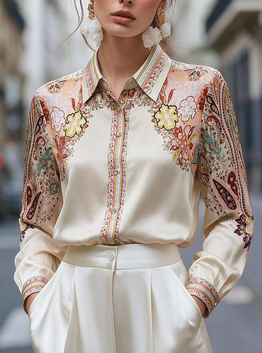 Cream Paisley Print Satin Shirt
