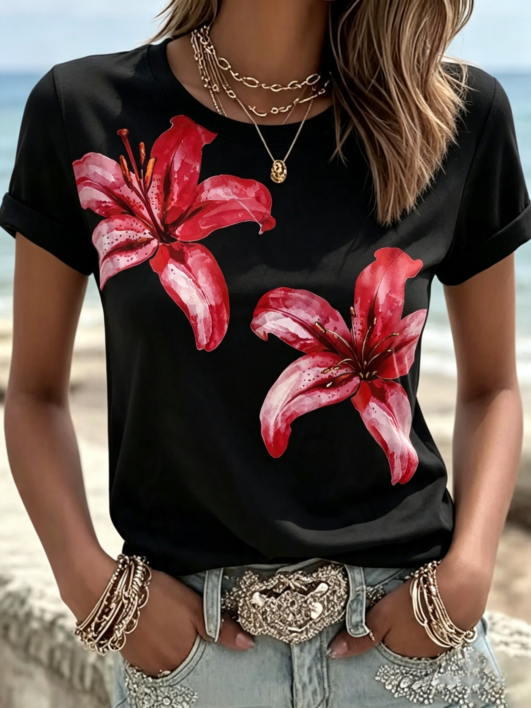 Red Lily Watercolor Graphic T-Shirt