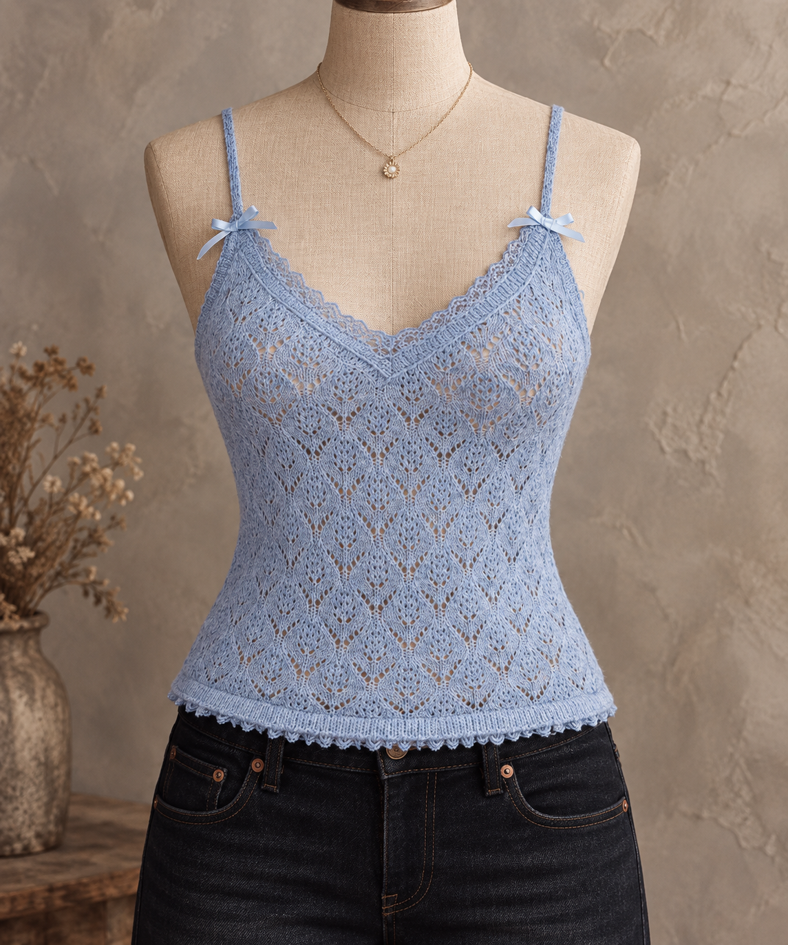 LightBlue Pointelle Knit Cami Top