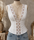 White Lace Button Front Corset Top