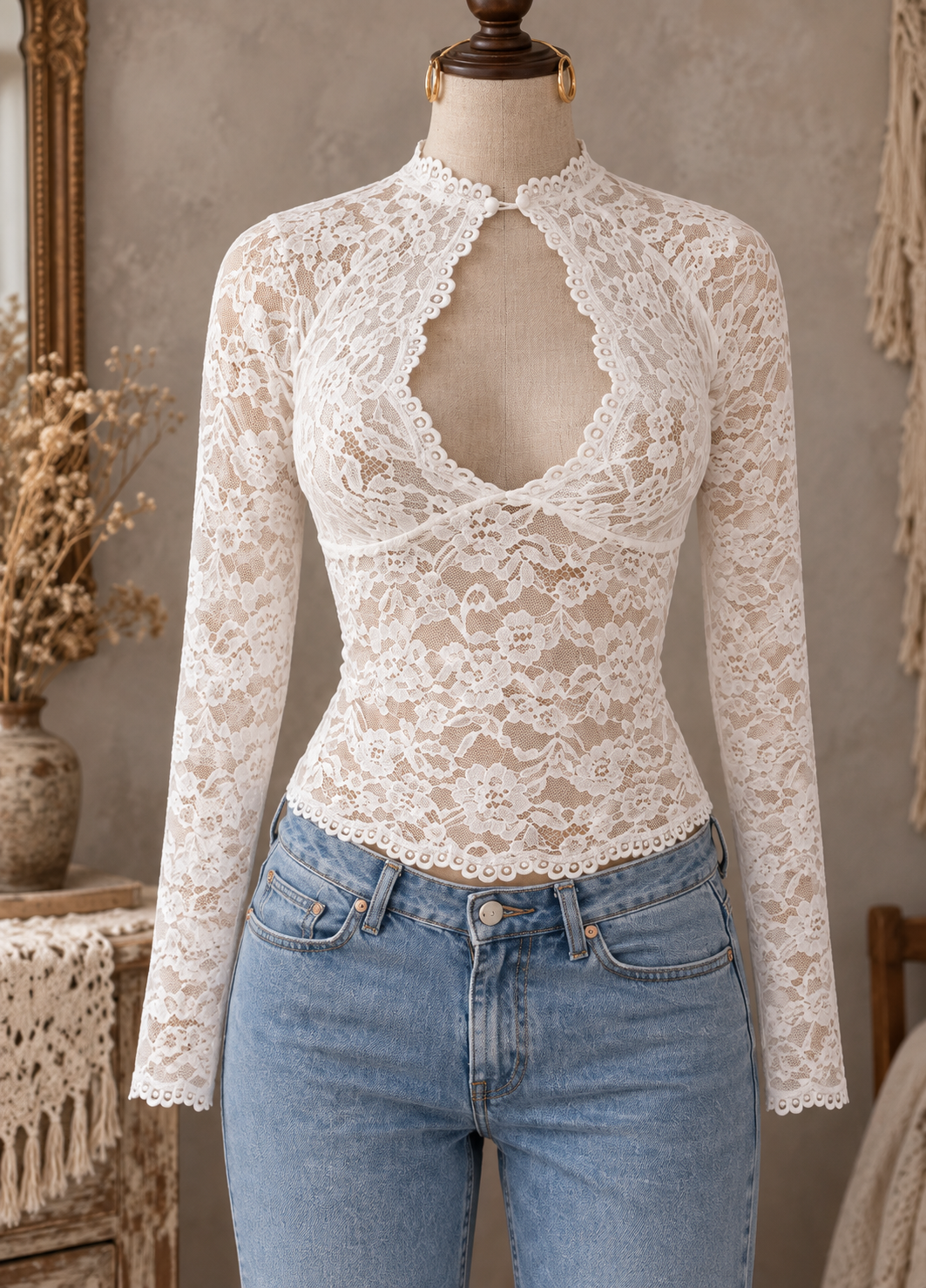 White Lace Keyhole Long Sleeve Top