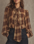 Brown Plaid Tie Neck Sheer Blouse