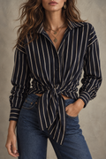 Navy Striped Tie Front Shirt