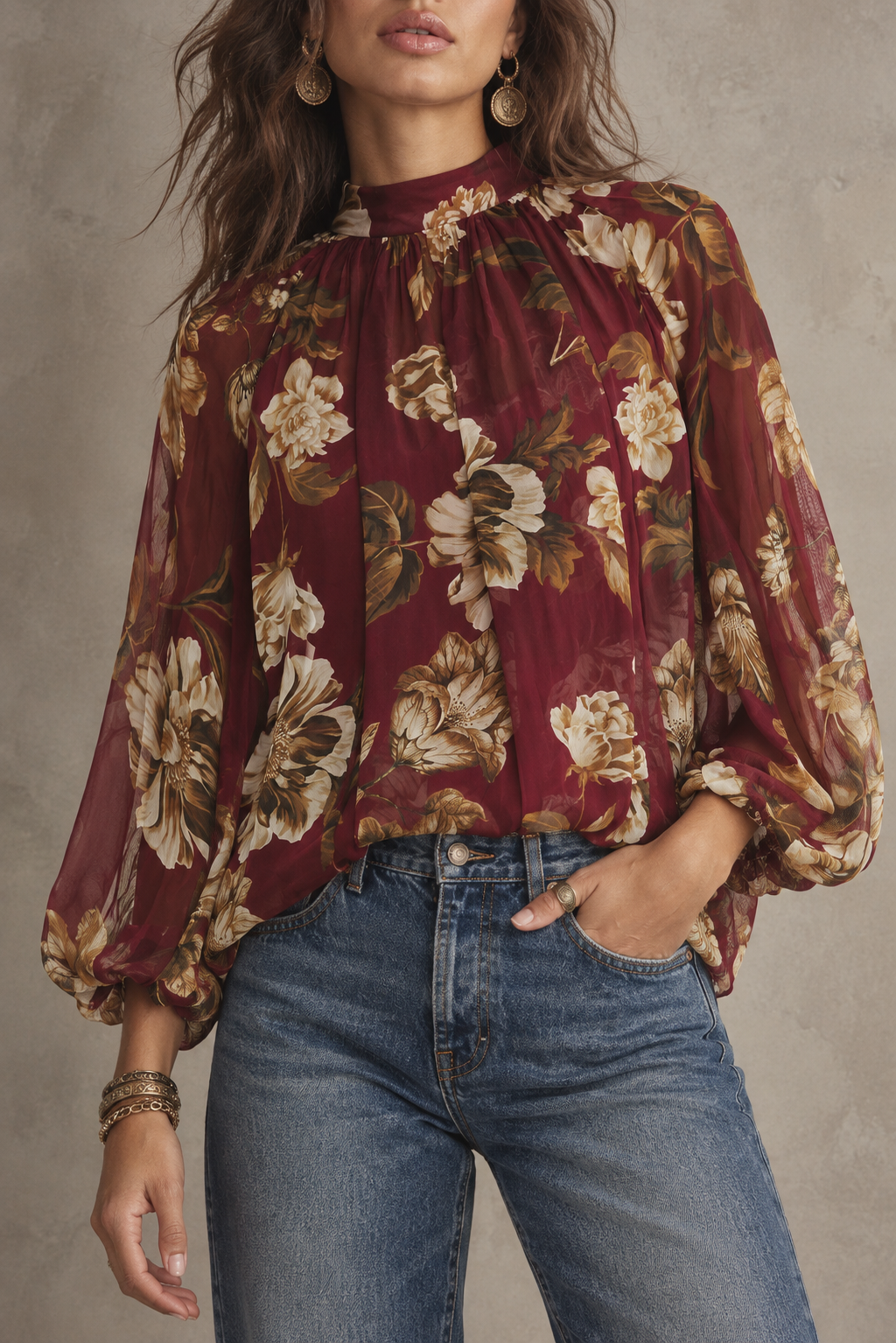 Burgundy Floral Print Sheer Blouse