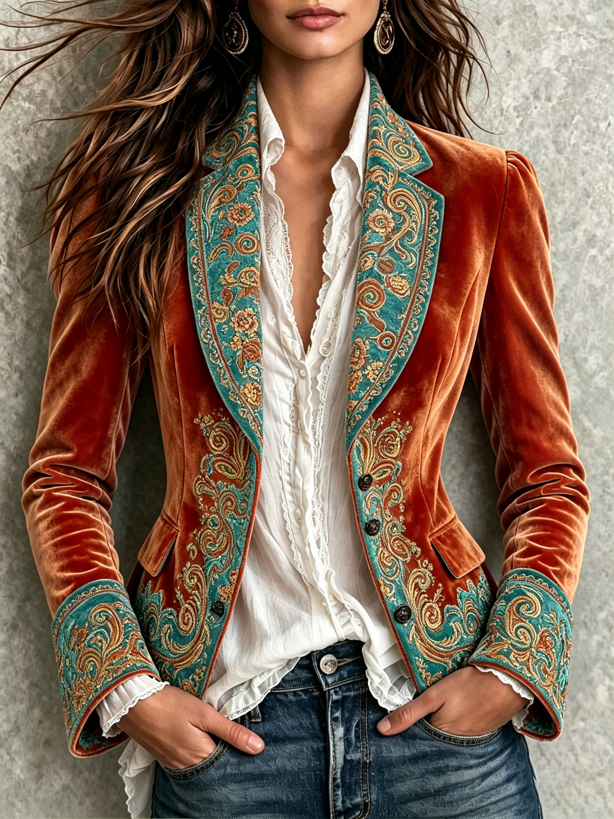 Rust Embroidered Velvet Blazer
