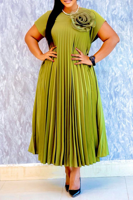 Stylish Batwing Sleeve 3D Floral Pleated Dress