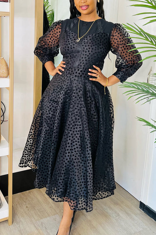Elegant Lantern Sleeve Polka Dot Print Dress