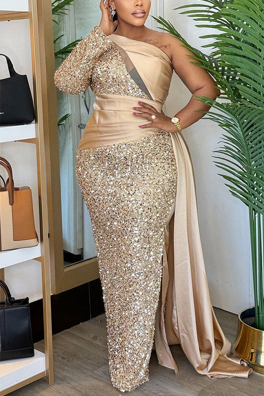 Sequin One Shoulder Side Draped Dress
