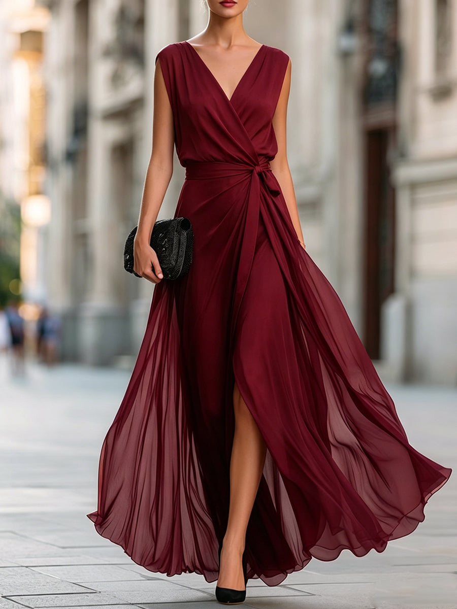 V-Neck Tie Waist Sleeveless Chiffon Maxi Dress