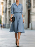 Point Collar Long Sleeve A-Line Chiffon Midi Dress