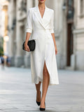 Notch Lapel 3/4 Sleeve Front Slit Blazer Midi Dress