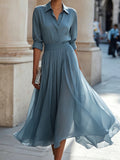 Collared Button-Up Pleated Chiffon Midi Dress