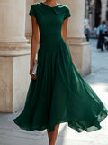 Folded Collar Cap Sleeve Chiffon Midi Dress