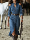 Cold Shoulder Button-Front Denim Midi Dress