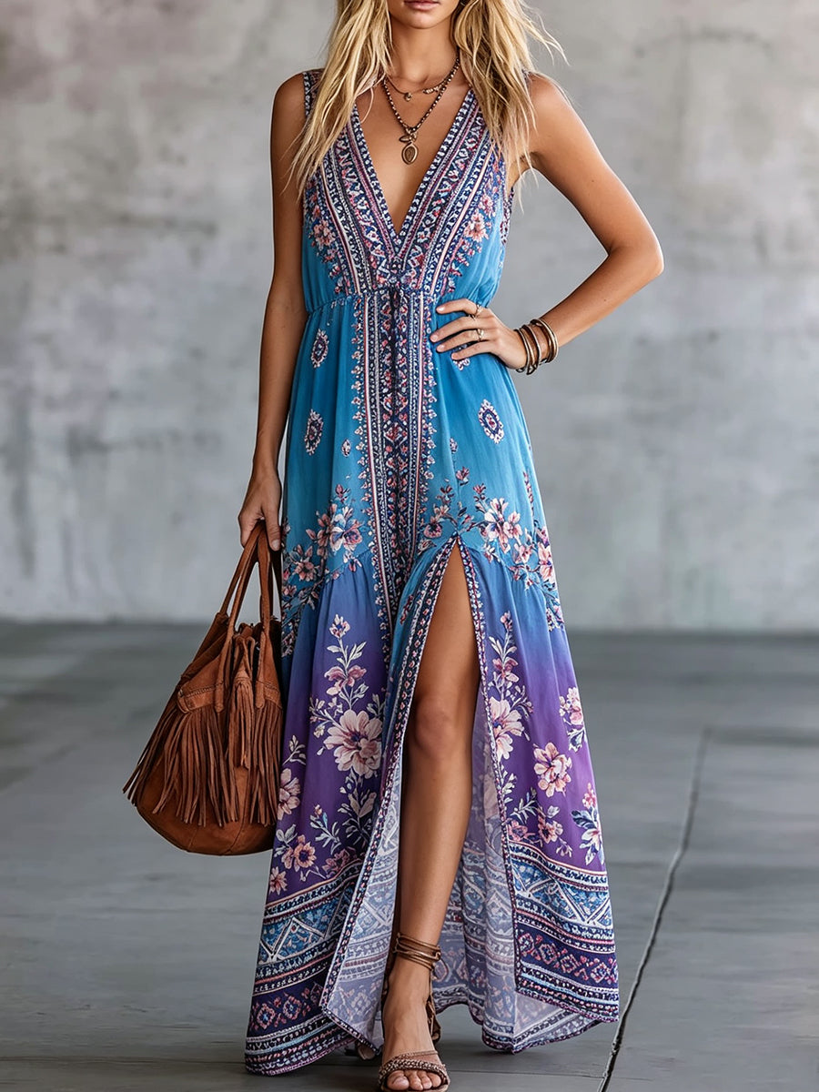 Ombre Floral Print Slit Maxi Dress