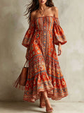 Off-Shoulder Floral Border Print Tiered Maxi Dress