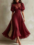 High Neck Lace Puff Sleeve Chiffon Maxi Dress